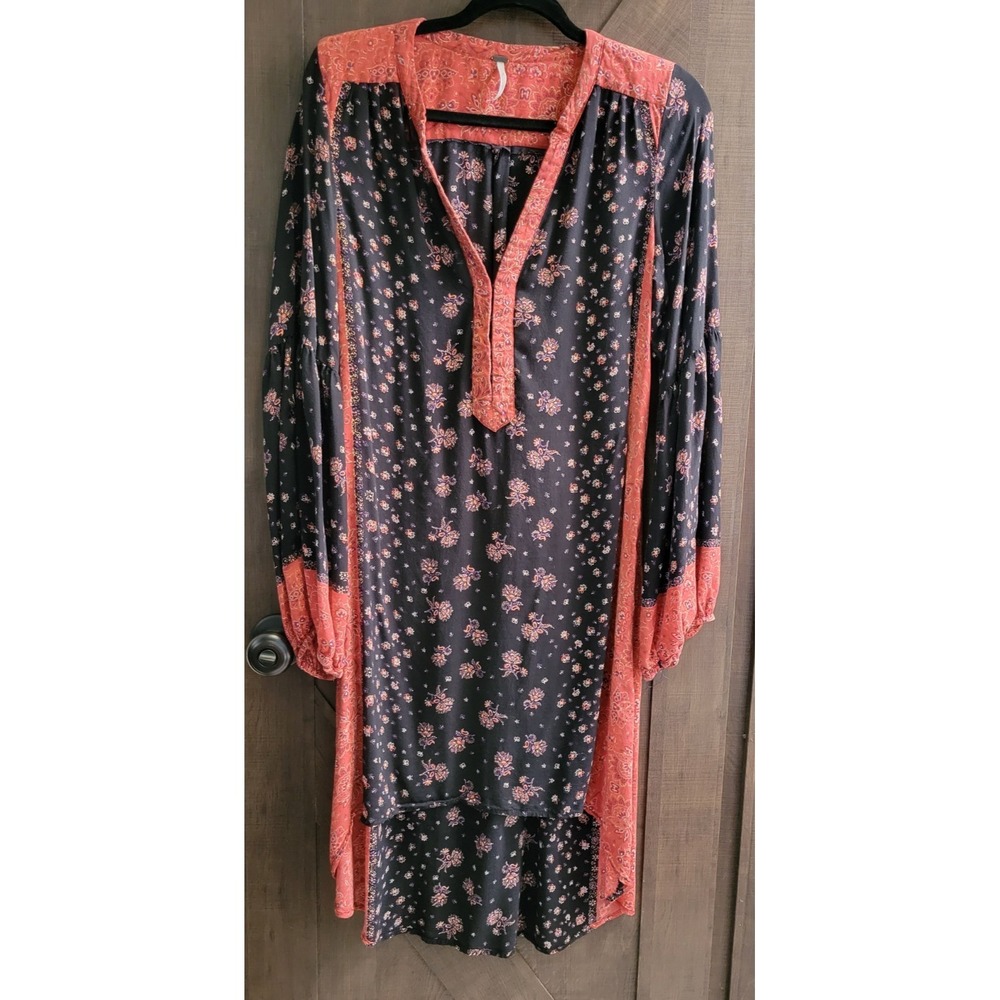 Free People Hi-Low Boho Dress Medium 3/4 Sleeve Lightweight Black Red Floral